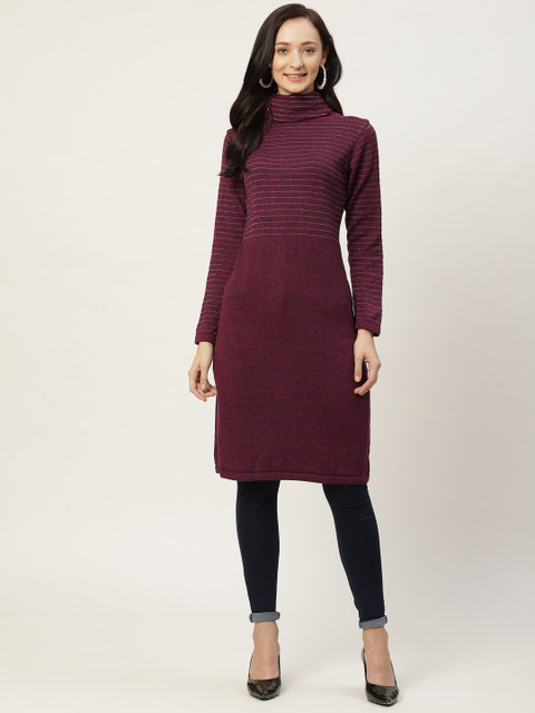 

American Eye Women Maroon Striped Turtle Neck Knitted Winter Kurta