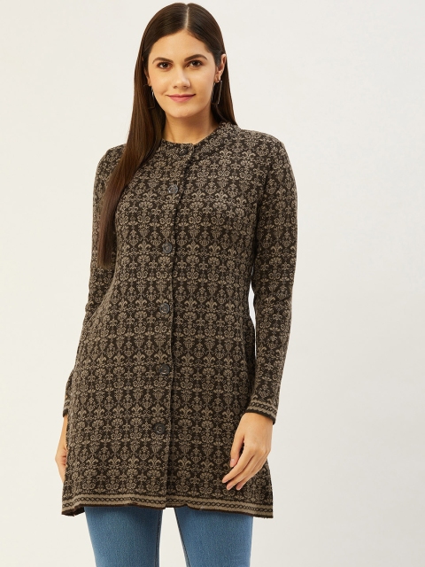 

American Eye Women Brown & Beige Self-Design Longline Cardigan