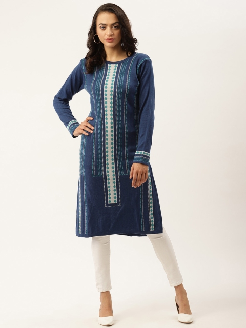 

American Eye Women Blue & White Geometric Design Straight Kurta