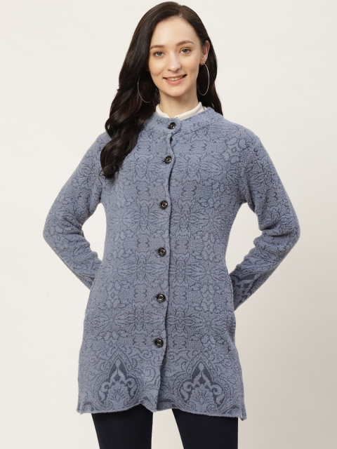 

American Eye Women Blue Self Designed Longline Cardigan Sweater