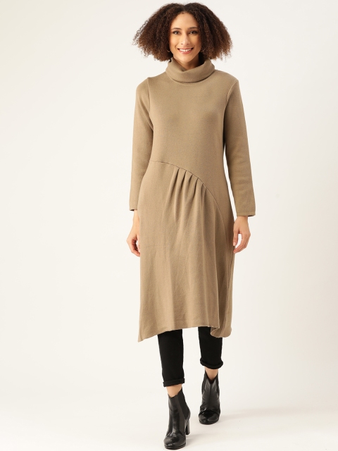 

American Eye Women Beige Solid Pleated Winter A-Line Kurta