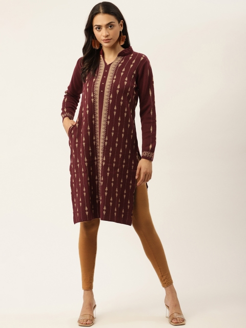 

American Eye Women Maroon & Beige Ethnic Motifs Winter Straight Kurta