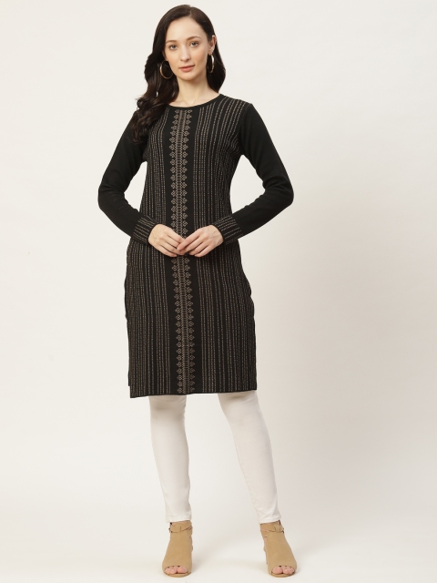 

American Eye Women Black & Golden Self-Design Knitted Winter Kurta