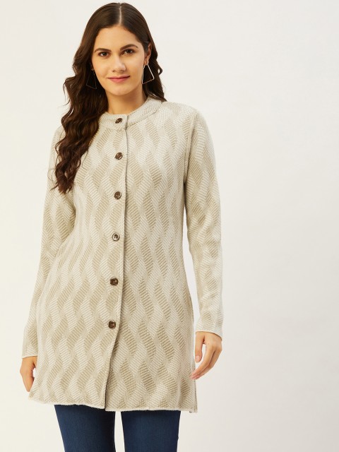 

American Eye Women Beige Self-Design Longline Cardigan