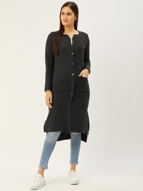 

American Eye Women Charcoal Grey Solid Longline Cardigan
