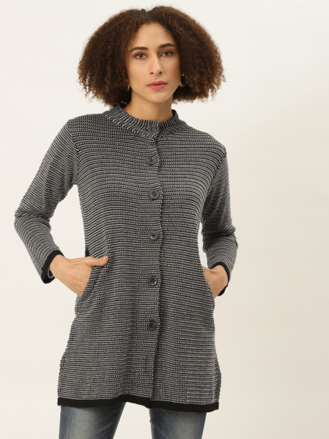 

American Eye Women Black & Off White Striped Longline Cardigan