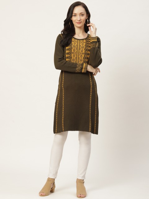 

American Eye Women Olive Green & Mustard Yellow Self-Design Knitted Winter Kurta