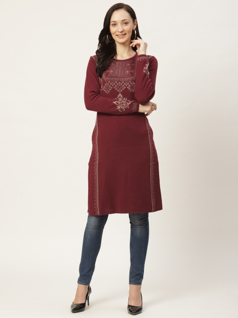

American Eye Women Burgundy & Beige Ethnic Motifs Straight Winter Kurta
