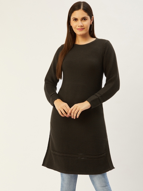 

American Eye Women Olive Green Striped Winter Kurta