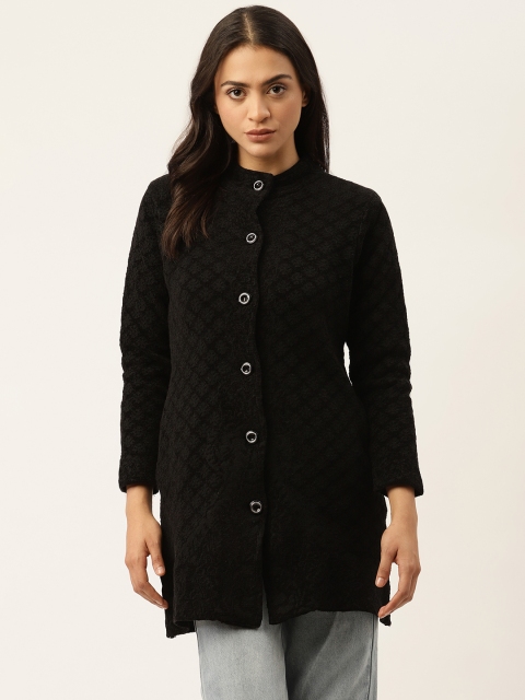 

American Eye Women Black Geometric Self Design Longline Cardigan