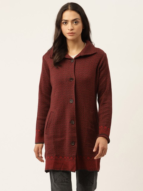 

American Eye Women Maroon & Black Chevron Self Design Longline Cardigan