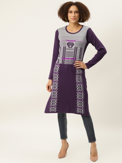 

American Eye Women Purple & Grey Ethnic Motifs Printed Winter Kurta