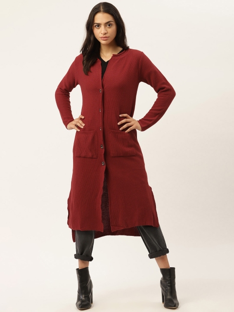 

American Eye Women Maroon Solid Pockets Longline Cardigan