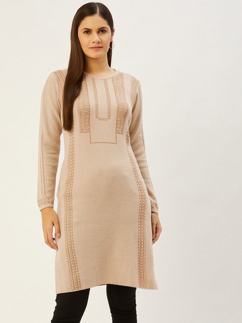 

American Eye Women Beige Geometric Woven Design Winter Kurta