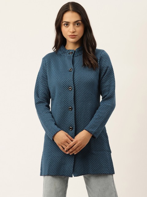 

American Eye Women Blue Striped Longline Cardigan