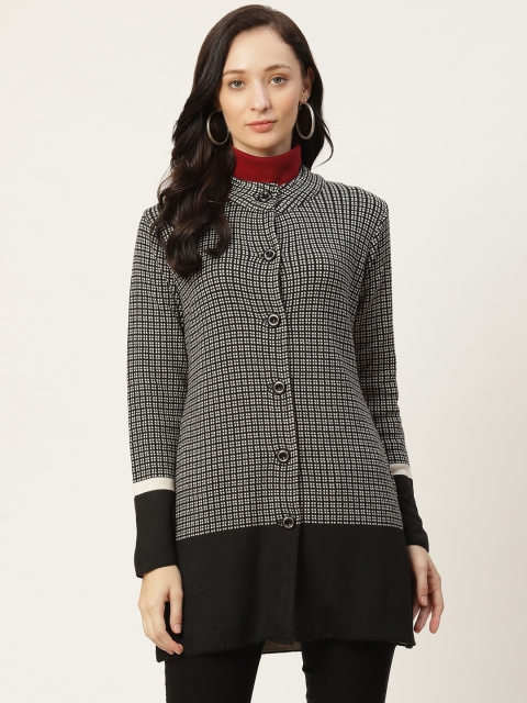 

American Eye Women Black & White Colourblocked Longline Cardigan