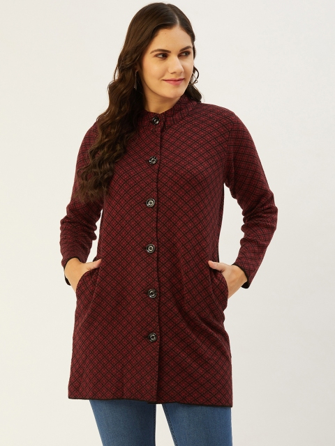 

American Eye Women Maroon & Black Self-Design Longline Cardigan