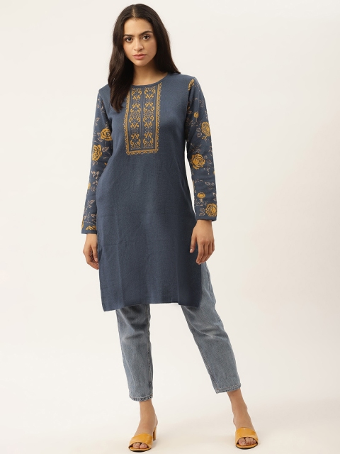 

American Eye Women Charcoal Grey & Yellow Ethnic Motifs Yoke Design Winter Kurta