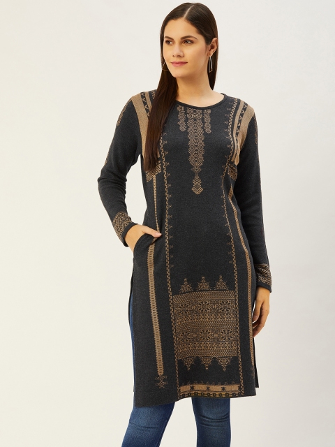 

American Eye Women Charcoal Grey & Golden Ethnic Motifs Straight Winter Kurta