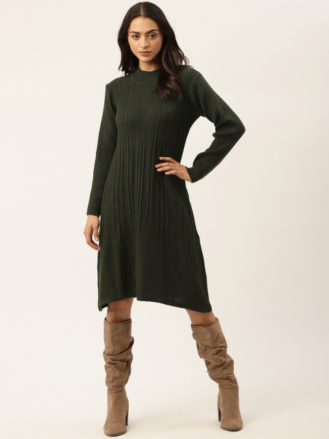 

American Eye Olive Green Striped A-Line Sweater Dress