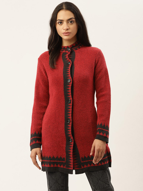 

American Eye Women Maroon Solid Longline Cardigan