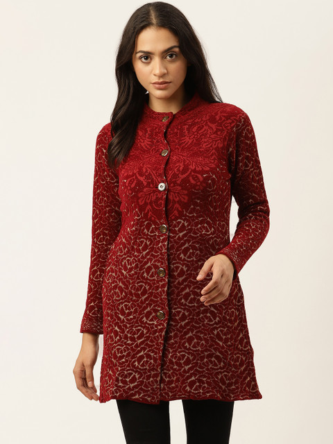 

American Eye Women Maroon & Golden Ethnic Motifs Design Longline Cardigan
