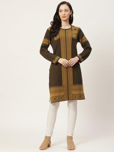 

American Eye Women Olive Green & Mustard Yellow Ethnic Motifs Straight Winter Kurta