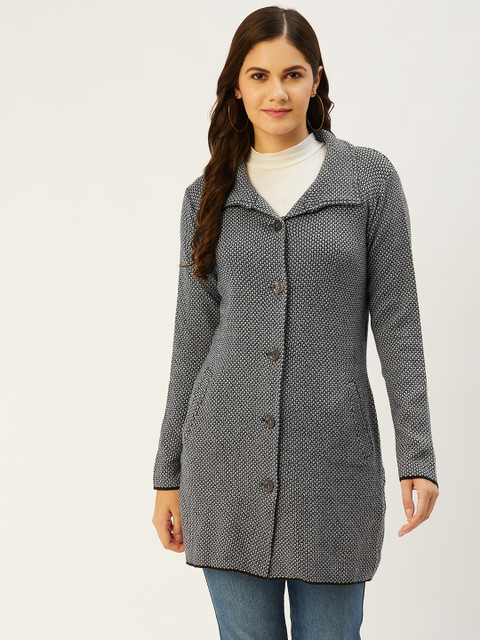 

American Eye Women Black & Grey Melange Self-Design Longline Cardigan