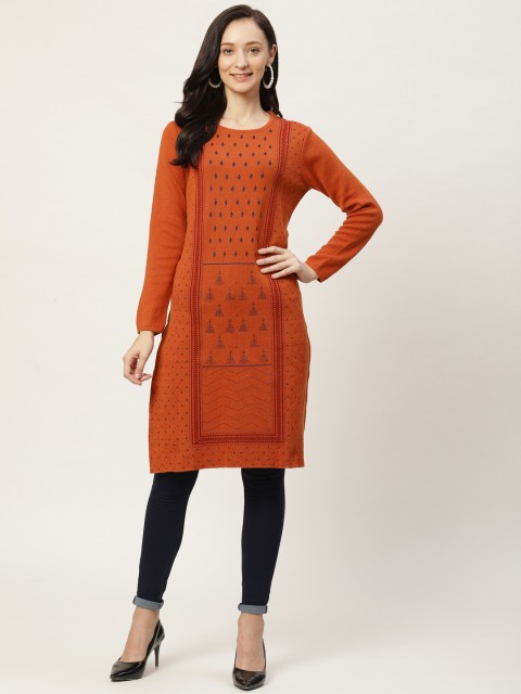 

American Eye Women Orange Self-Design Knitted Winter Kurta