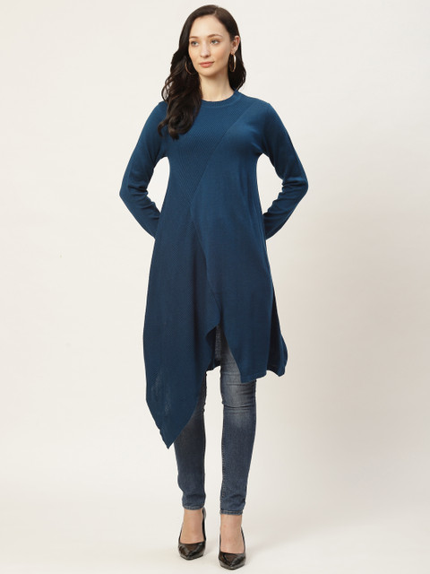 

American Eye Women Teal Blue Solid Asymmetric Knitted Winter Kurta