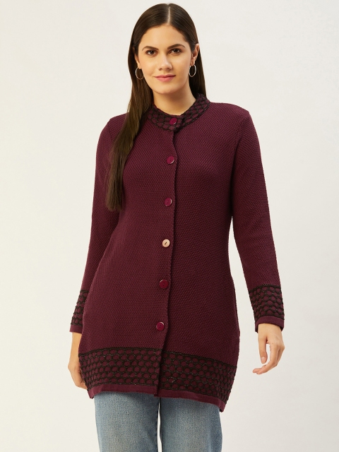 

American Eye Women Maroon Self-Design Longline Cardigan