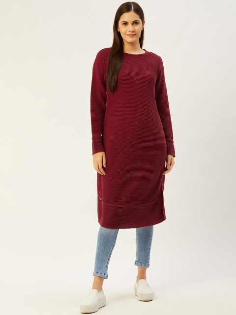 

American Eye Women Maroon Self-Striped Straight Winter Kurta