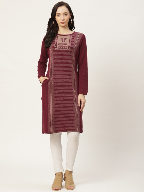 

American Eye Women Maroon & Beige Ethnic Motifs Woven Design Knitted Winter Kurta
