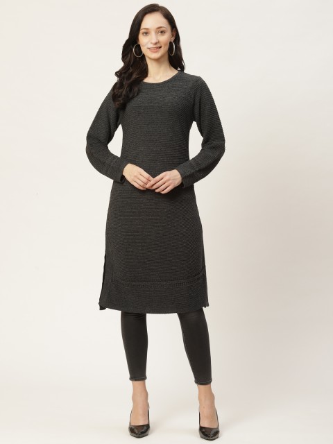 

American Eye Women Charcoal Grey Striped Knitted Winter Kurta