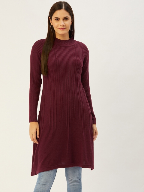 

American Eye Women Burgundy Self-Striped A-Line Winter Kurta