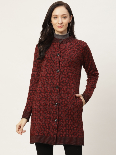 

American Eye Women Maroon & Black Floral Woven Design Longline Cardigan