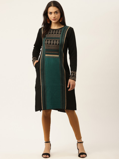 

American Eye Women Black & Green Colourblocked Winter Kurta
