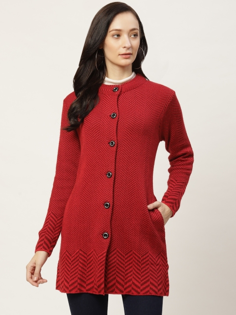 

American Eye Women Maroon Chevron Woven Design Longline Cardigan