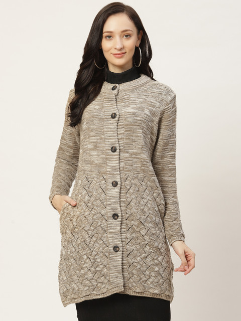 

American Eye Women Beige Woven Design Longline Cardigan