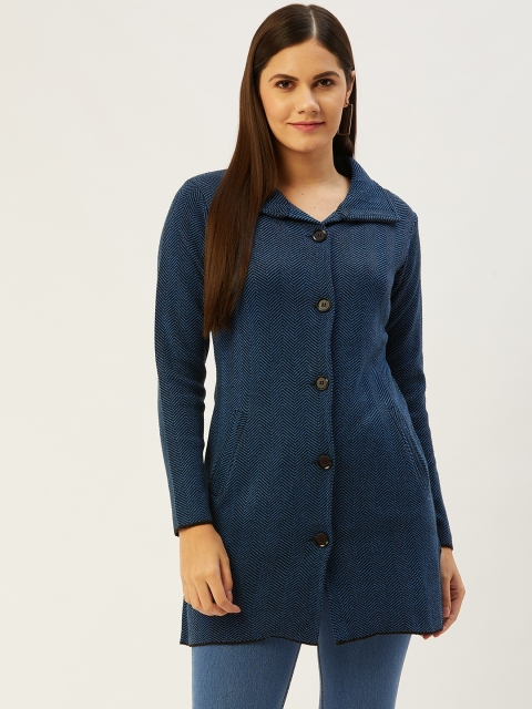 

American Eye Women Teal Blue & Black Chevron Patterned Cardigan