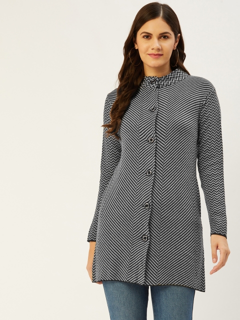 

American Eye Women Black & Grey Chevron Patterned Cardigan