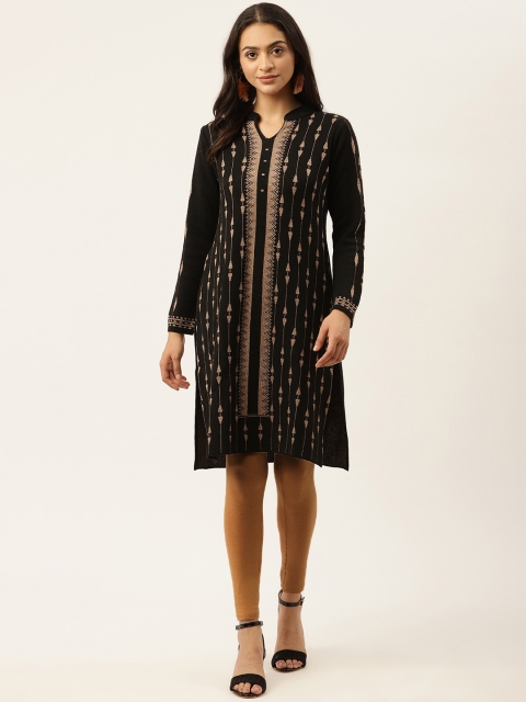 

American Eye Women Black & Beige Woollen Geometric Winter Kurta