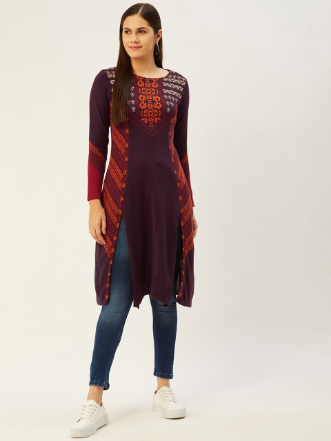 

American Eye Women Burgundy & Orange Ethnic Motifs Straight Winter Kurta