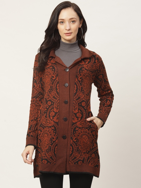 

American Eye Women Black & Rust Brown Woven Design Longline Cardigan