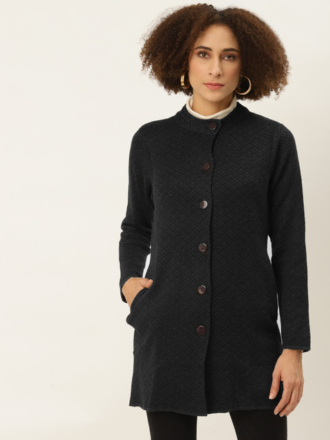 

American Eye Women Charcoal Grey Self-Design Longline Cardigan