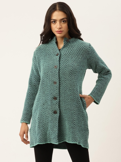 

American Eye Women Green & Navy Blue Longline Cardigan