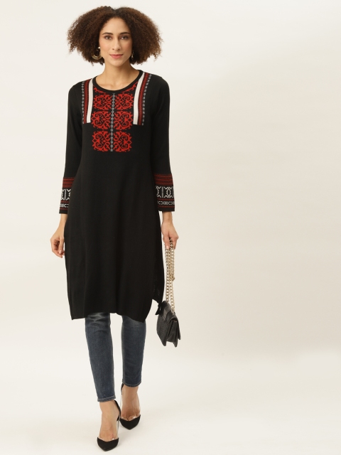 

American Eye Women Black & Red Yoke Design Knitted Winter Kurta