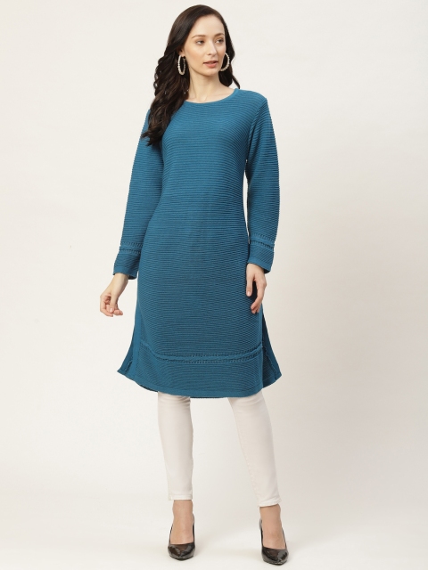 

American Eye Women Teal Blue Striped Knitted Winter Kurta