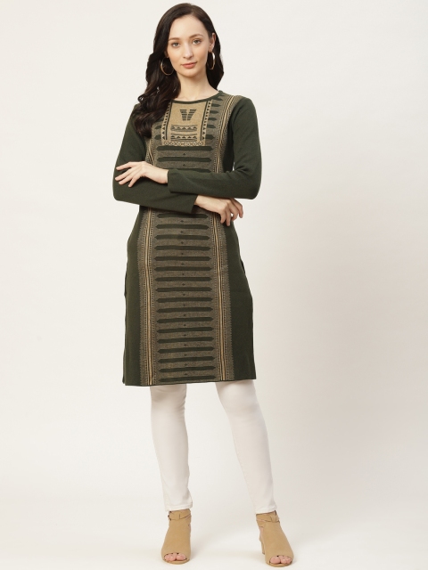 

American Eye Women Olive Green & Golden Self-Design Knitted Winter Kurta