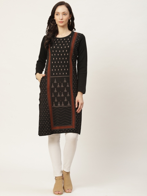 

American Eye Women Black & Beige Ethnic Motifs Woven Design Knitted Winter Kurta